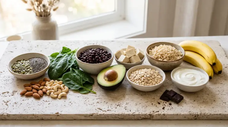 Assortment of magnesium-rich foods including pumpkin seeds, nuts, spinach, beans, avocado, oats, and dark chocolate