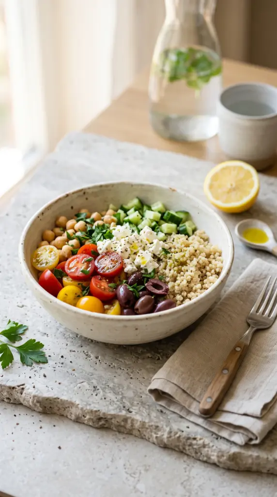 Mediterranean breakfast bowl with quinoa, chickpeas, cucumber, tomatoes, feta, olives, and herbs.