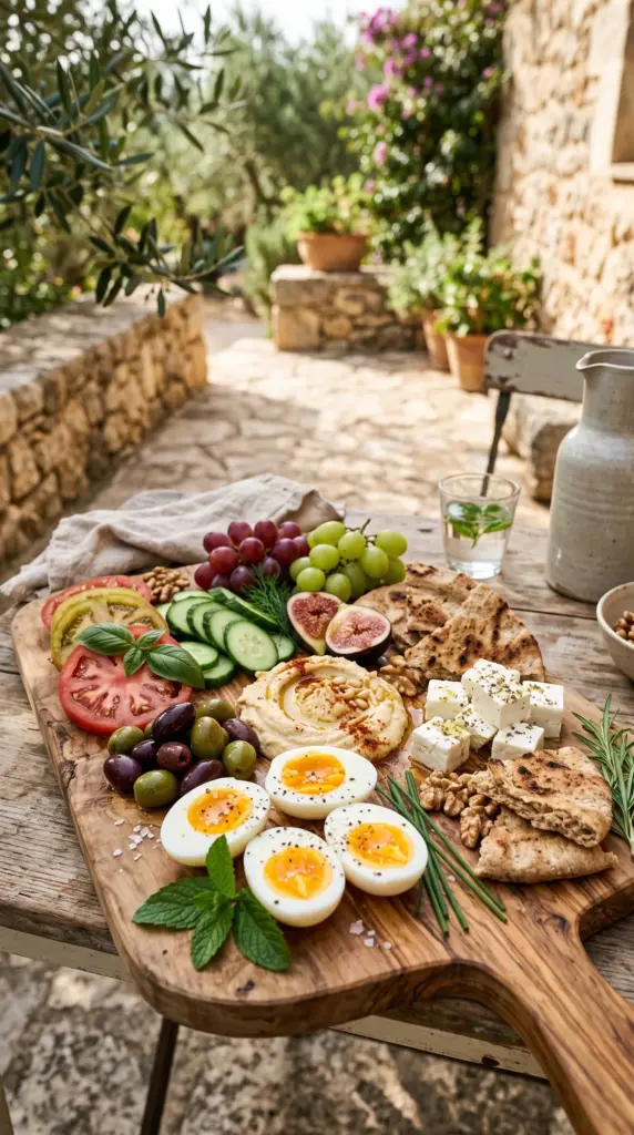 Mediterranean breakfast platter with eggs, cucumber, tomatoes, olives, feta, hummus, whole-grain bread, and fresh berries.