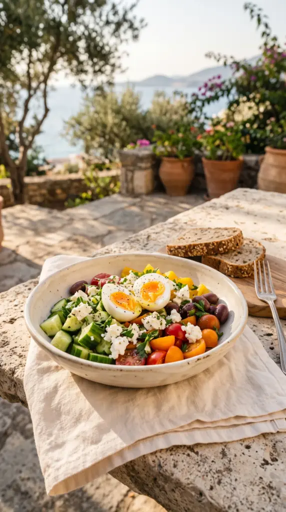 Mediterranean breakfast salad with cucumber, tomatoes, bell pepper, olives, feta, parsley, and boiled egg.