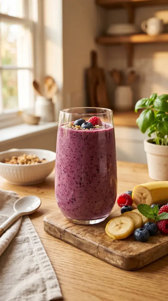 Mixed berry banana smoothie with fresh berries and sliced banana.