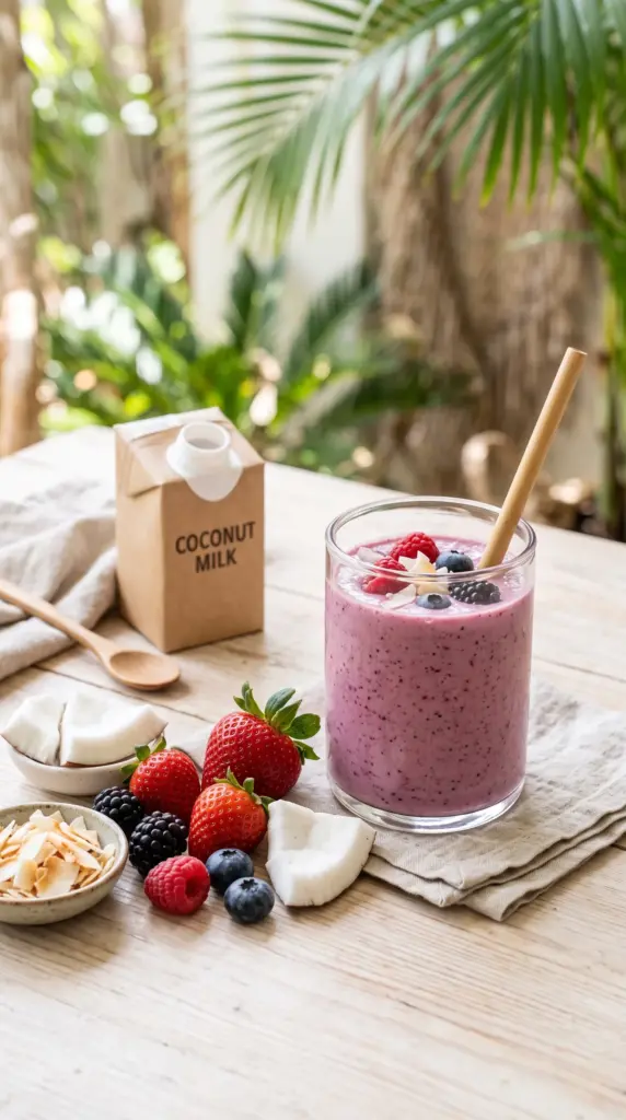 Mixed berry coconut smoothie with fresh berries, coconut milk, and coconut flakes.