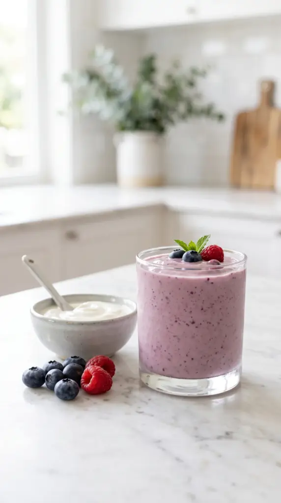 Creamy mixed berry Greek yogurt smoothie with fresh berries.