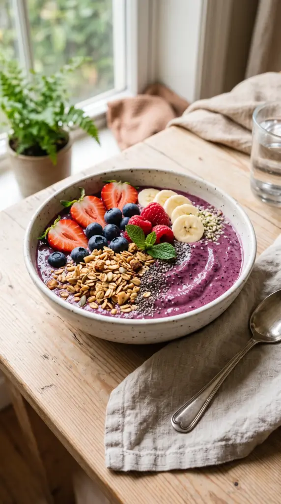 Mixed berry smoothie bowl topped with berries, banana, chia seeds, and granola.