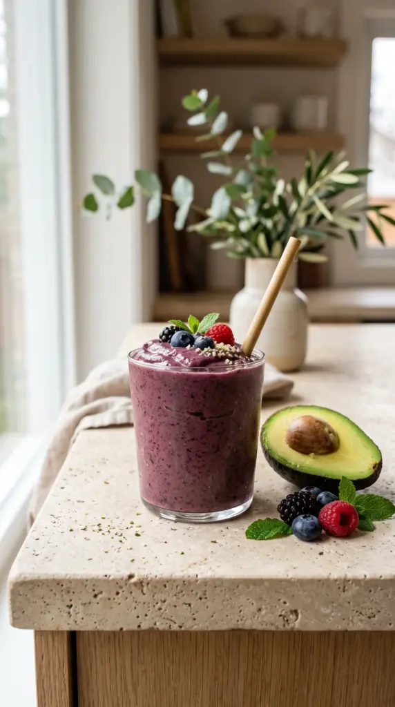 Creamy avocado mixed berry smoothie with fresh berries and ripe avocado.