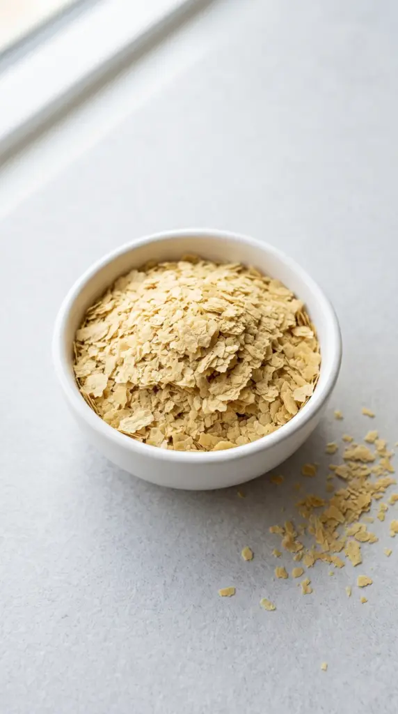 Nutritional yeast flakes in a white bowl on a light grey table