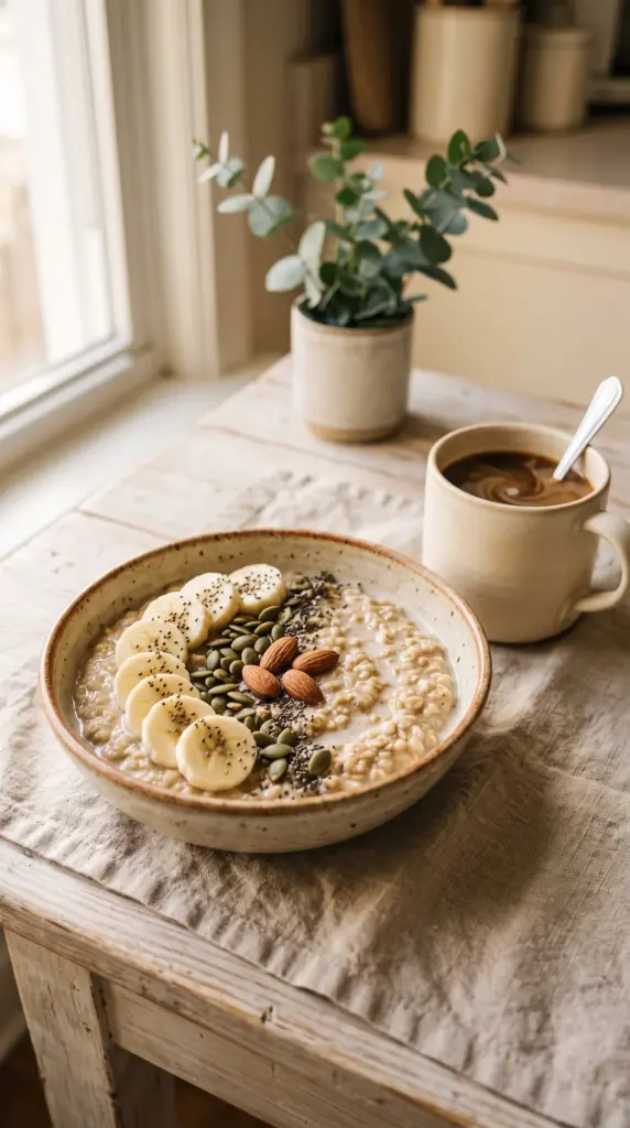 Bowl of oatmeal topped with banana, pumpkin seeds, chia seeds, and almonds