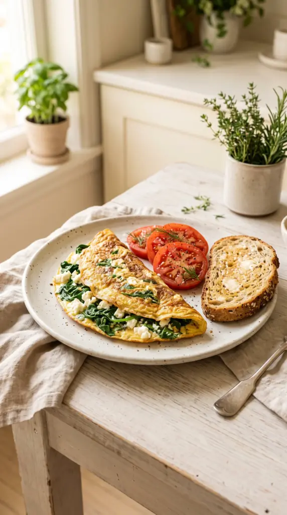 Spinach and feta omelet served with sliced tomatoes and whole-grain toast.