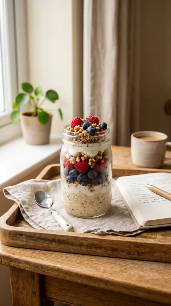 Overnight oats layered with yogurt, berries, walnuts, and chia seeds in a glass jar.
