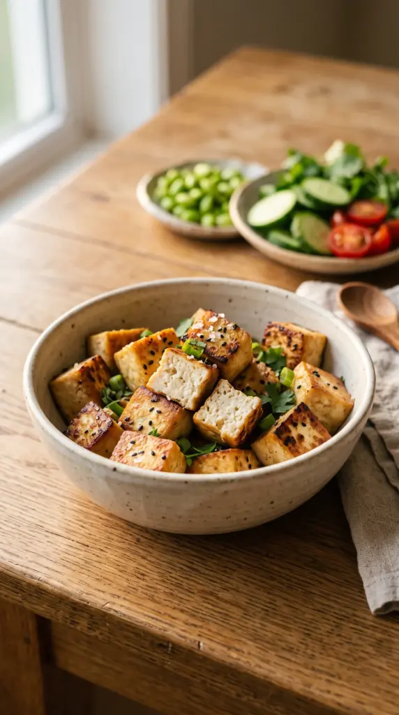 Golden pan-seared tofu cubes served in a ceramic bowl