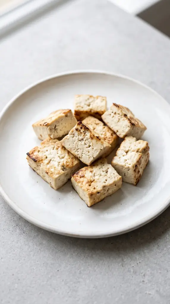 Lightly pan-seared tofu pieces on a white plate