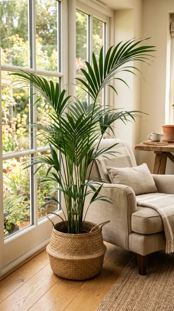 Parlor palm with graceful green fronds beside a linen armchair in a bright sunroom.