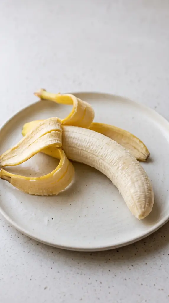 A fully peeled banana rests on a speckled ceramic plate, with its peel curled open beside it.