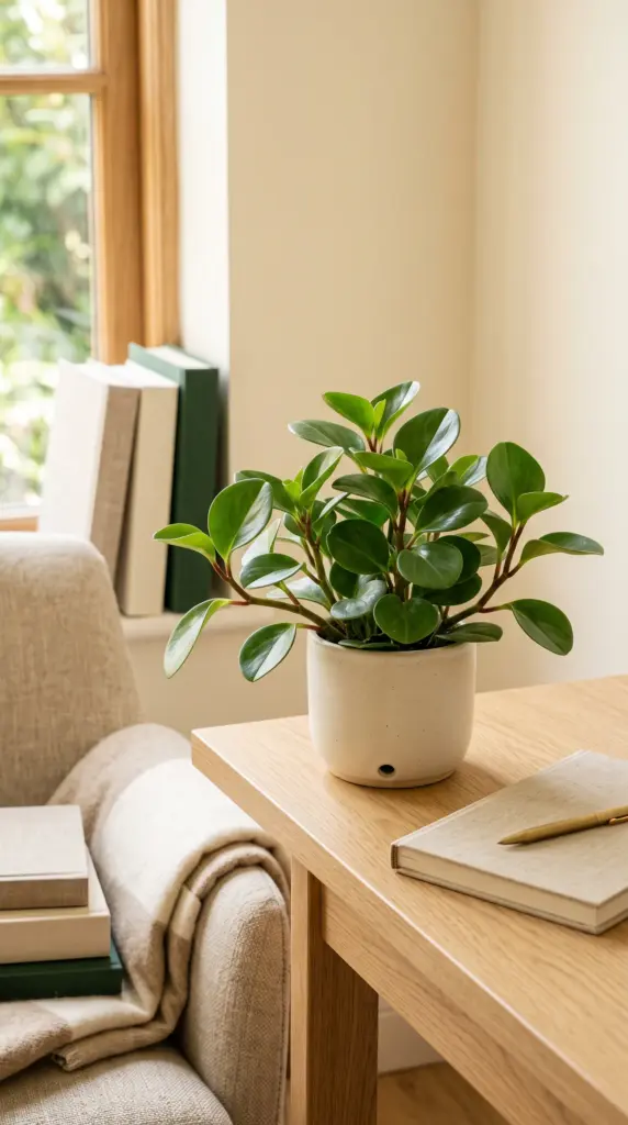 Compact peperomia with thick green leaves on a wooden desk.
