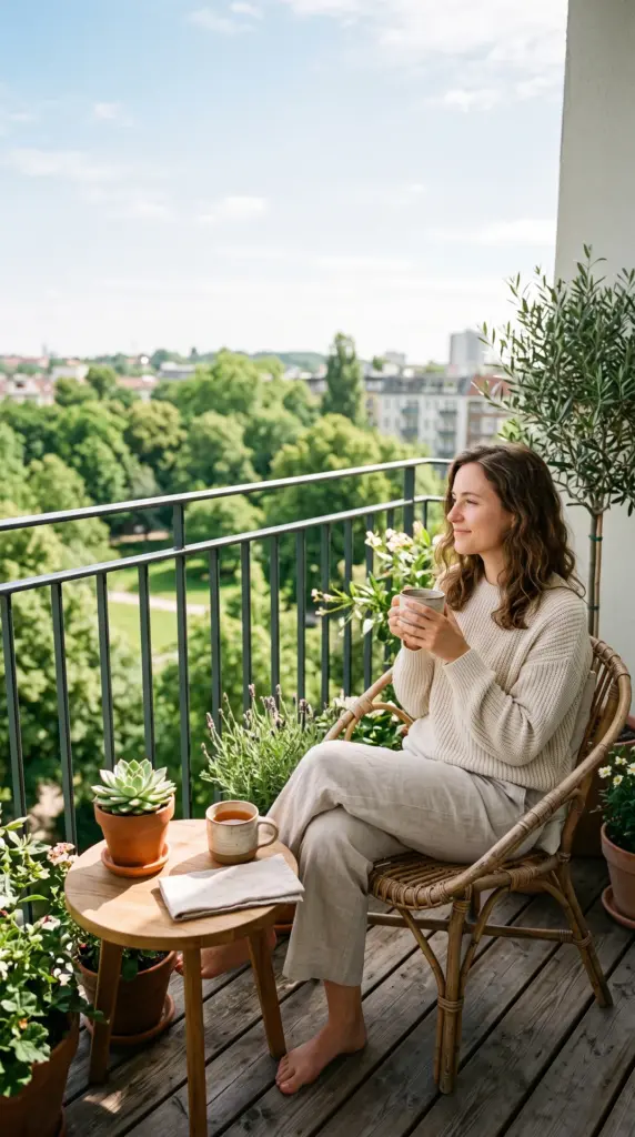 Person enjoying fresh air and a peaceful smoke-free morning on a balcony