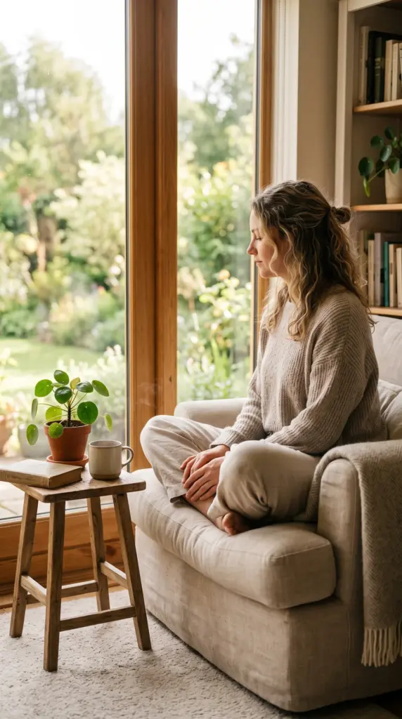 Person practicing mindfulness in a peaceful room with natural light