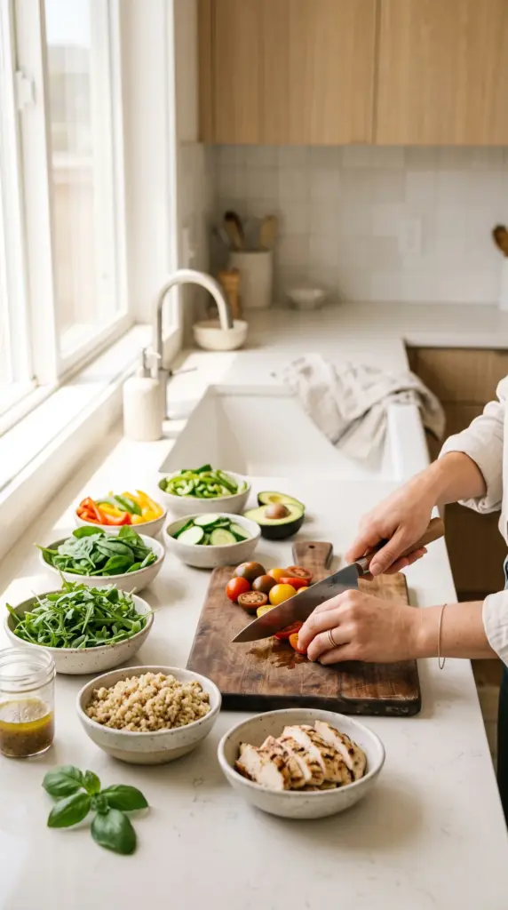 Person preparing a balanced healthy meal in a bright kitchen