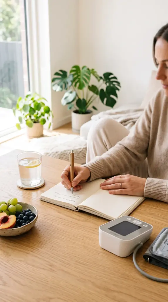 Person recording health information beside a home blood pressure monitor