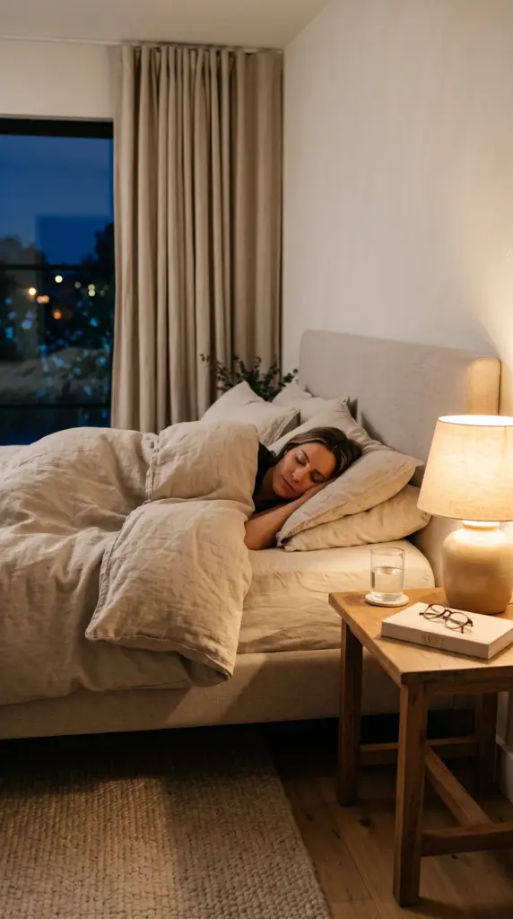 Person sleeping peacefully in a calm and comfortable bedroom