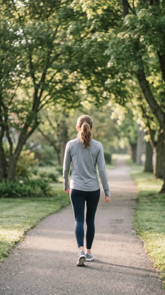 Person taking a brisk morning walk on a tree-lined path