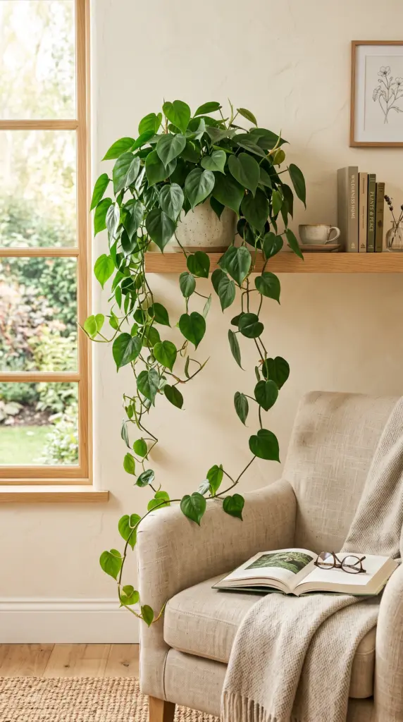 Heartleaf philodendron with trailing vines on a wooden shelf in a cozy reading corner.