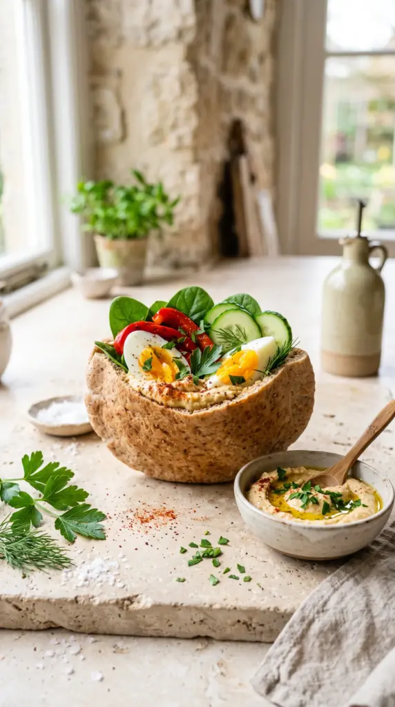 Whole-grain pita filled with hummus, boiled egg, cucumber, tomato, and fresh parsley.