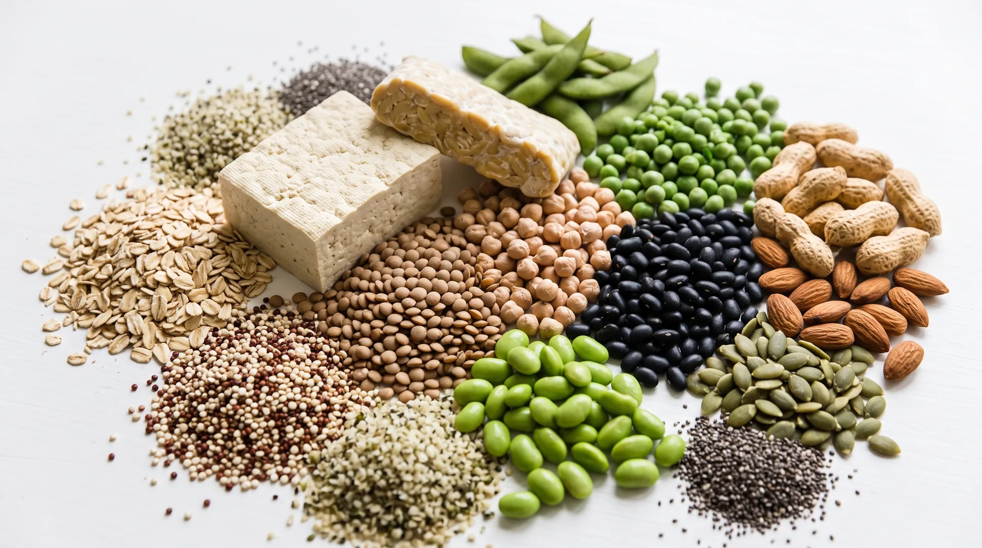 An overhead arrangement of plant-based protein foods on a white surface, including a block of tofu and a slab of tempeh at the center, surrounded by small piles of oats, quinoa, hemp seeds, chia seeds, lentils, chickpeas, black beans, edamame pods and shelled edamame, green peas, pumpkin seeds, peanuts in their shells, and almonds.