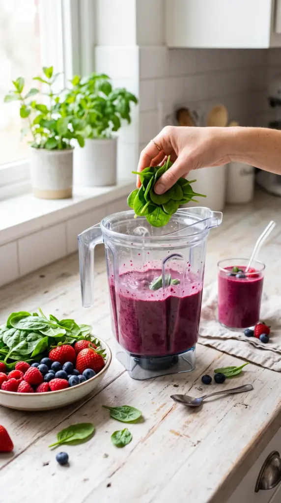 Mixed berry spinach smoothie with fresh spinach and berries ready for blending.