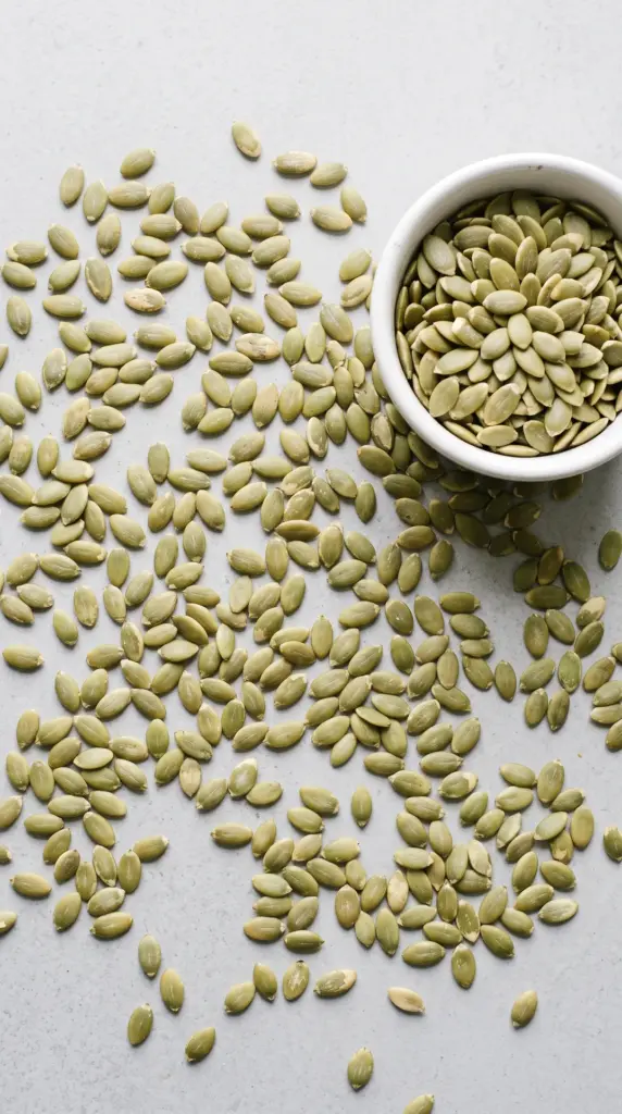 Shelled pumpkin seeds on a light grey table