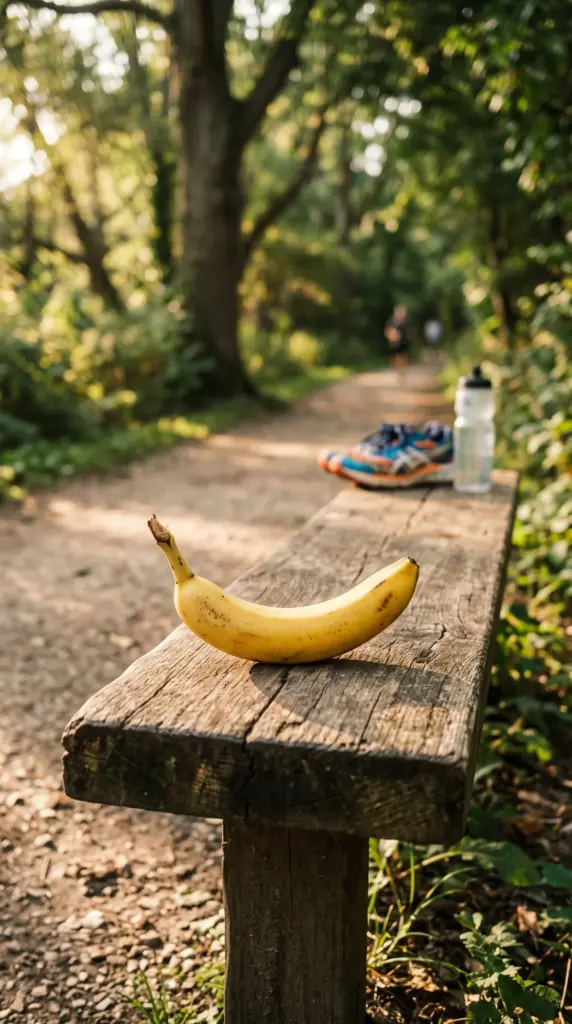 A banana rests on a weathered wooden bench beside a wooded trail, with running shoes and a water bottle further down the bench and a person walking on the path in the background.
