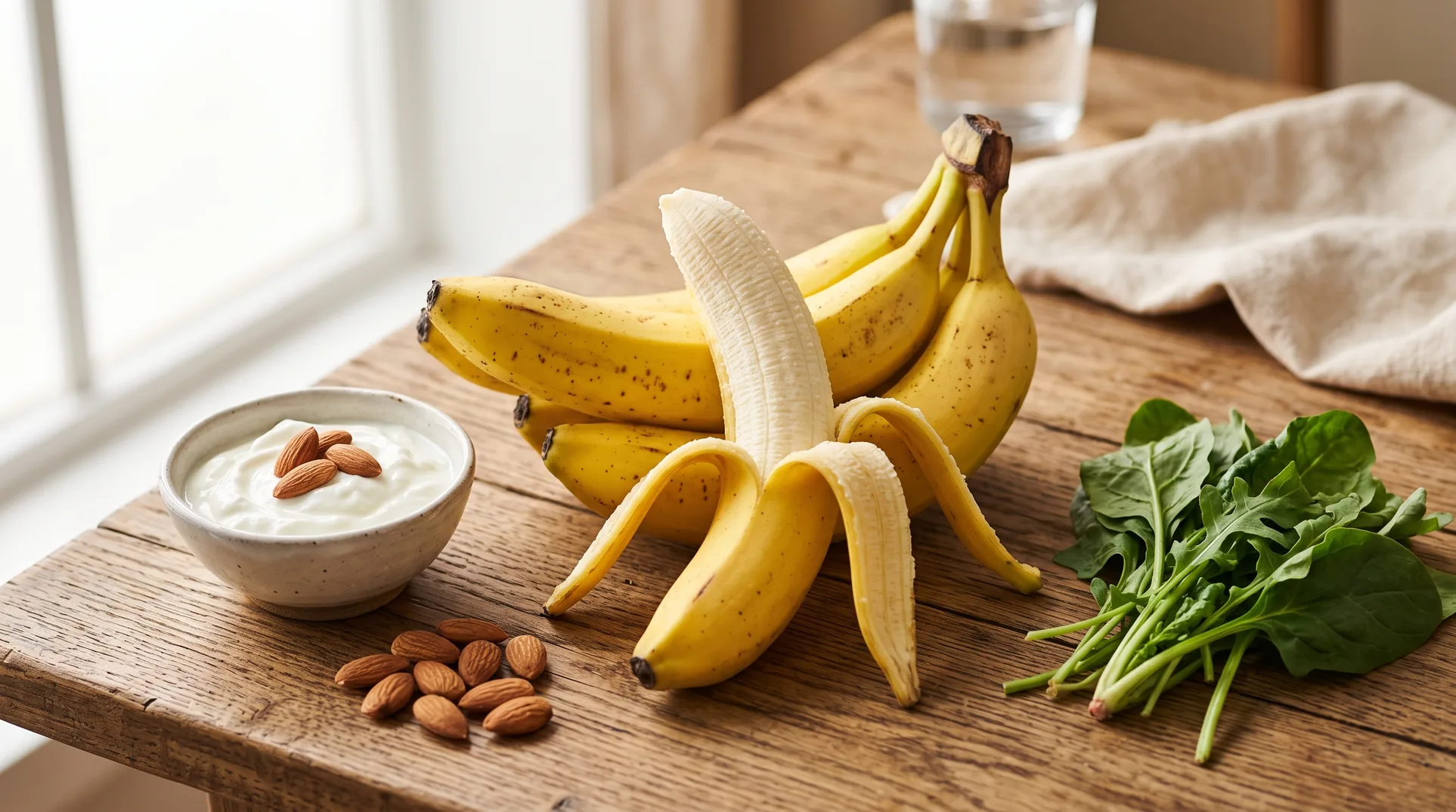 Ripe bananas with yogurt, almonds, and fresh ingredients on a neutral surface
