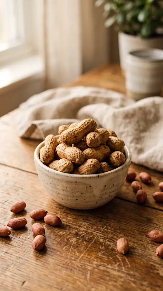 Roasted peanuts in a ceramic bowl with scattered peanuts on a wooden table