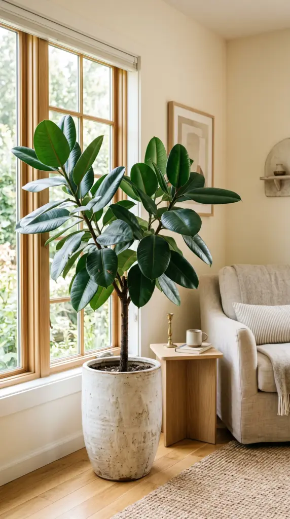 Rubber plant with large glossy leaves beside a bright living room window.