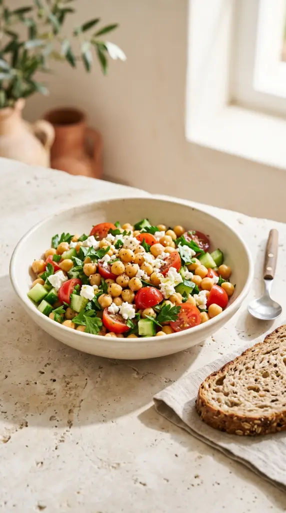 Chickpea breakfast bowl with tomatoes, cucumber, feta, parsley, olive oil, and whole-grain bread.