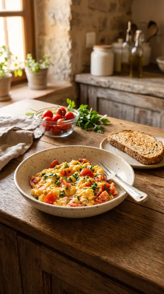 Scrambled eggs with tomatoes and fresh parsley served with whole-grain toast.