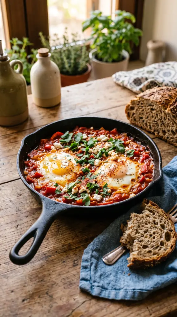 Shakshuka with poached eggs in tomato and pepper sauce served with whole-grain bread.