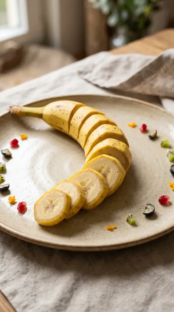 A banana sliced into rounds and arranged in a curved shape on a ceramic plate, with small pieces of kiwi, pomegranate seeds, and dried citrus scattered around the edge.