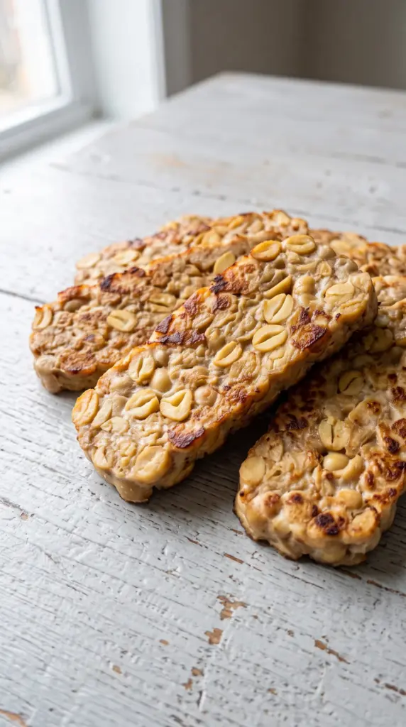 Slices of cooked tempeh showing their natural soybean texture