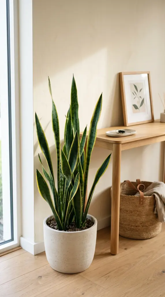 Tall snake plant in a ceramic pot beside a console table in a bright entryway.