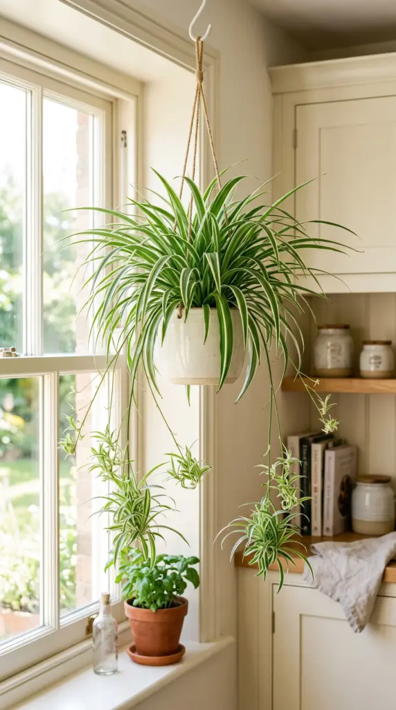 Spider plant with striped leaves and baby plantlets hanging near a kitchen window.