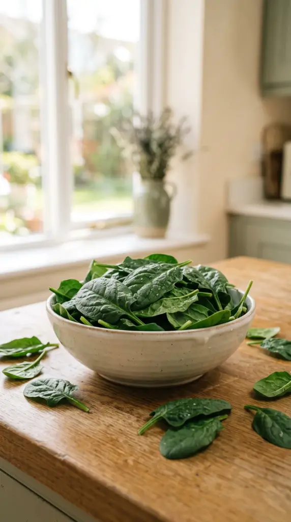 Fresh spinach leaves arranged in a ceramic bowl on a kitchen counter