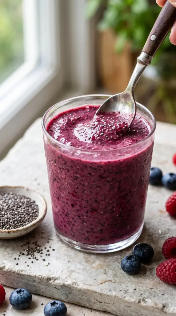 Mixed berry chia smoothie with visible chia seeds and fresh berries.