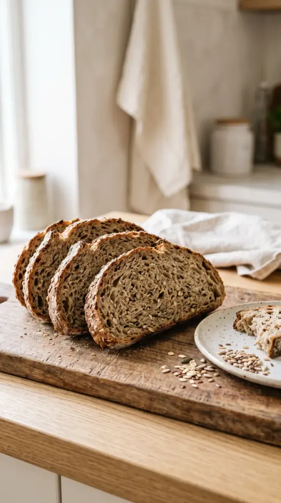 Slices of rustic whole-grain bread showing visible grains and seeds