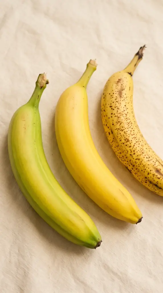Three bananas side by side on a light cloth surface, showing different ripeness stages: green, yellow, and yellow with brown speckles.