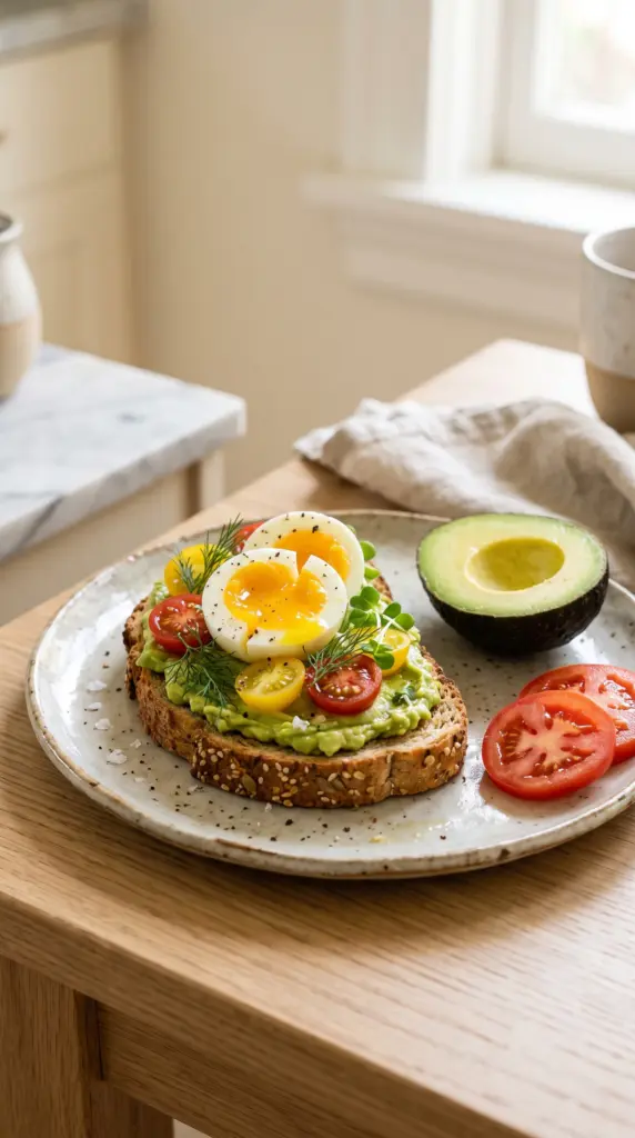 Whole-grain avocado toast topped with sliced boiled egg, tomatoes, herbs, and black pepper.