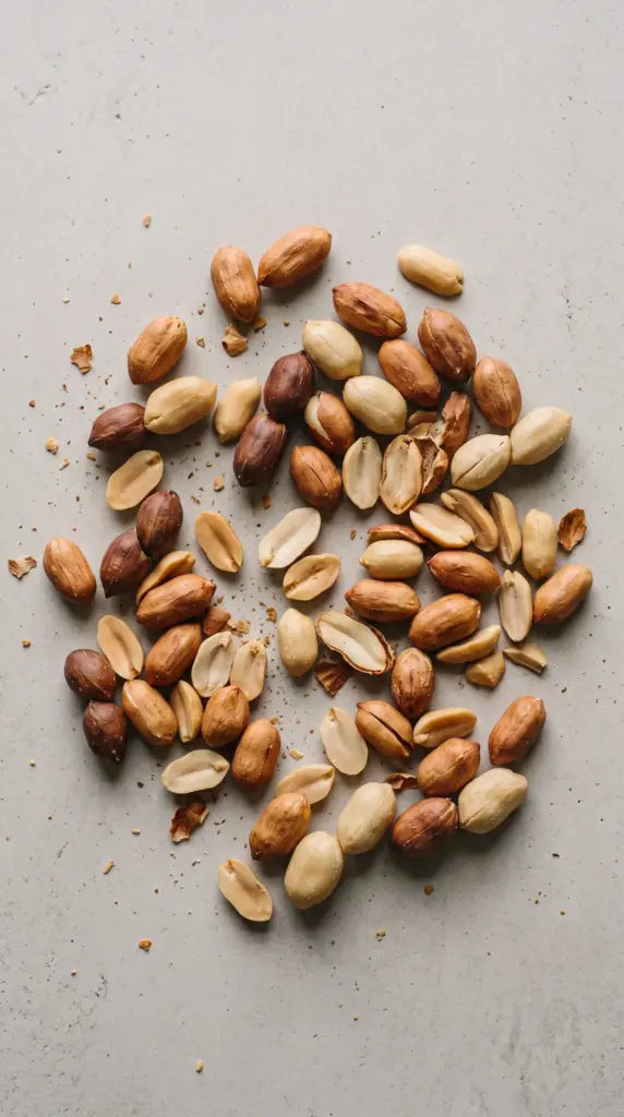 Roasted peanuts scattered on a light grey table