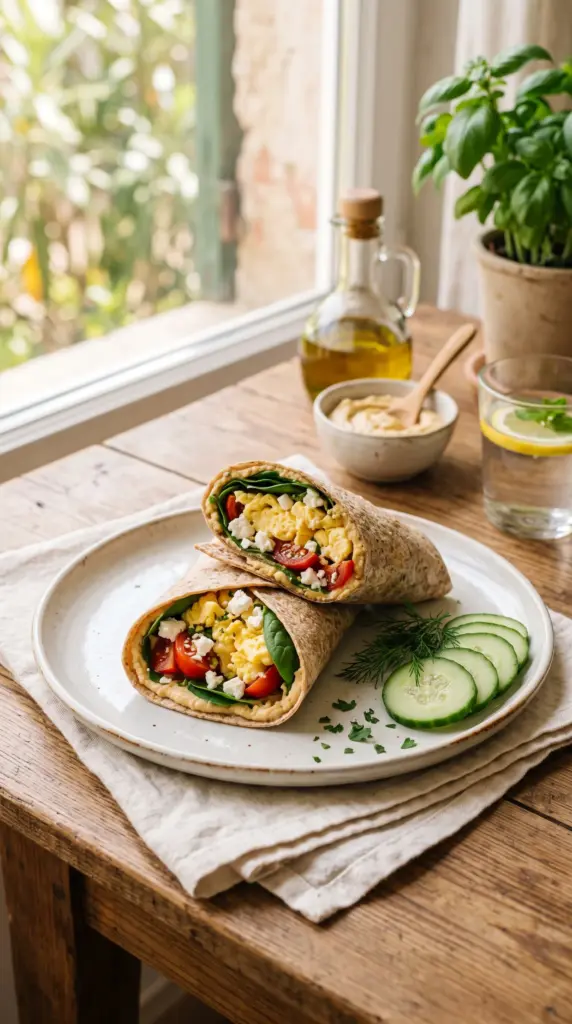 Whole-grain Mediterranean breakfast wrap filled with eggs, spinach, tomatoes, feta, and hummus.