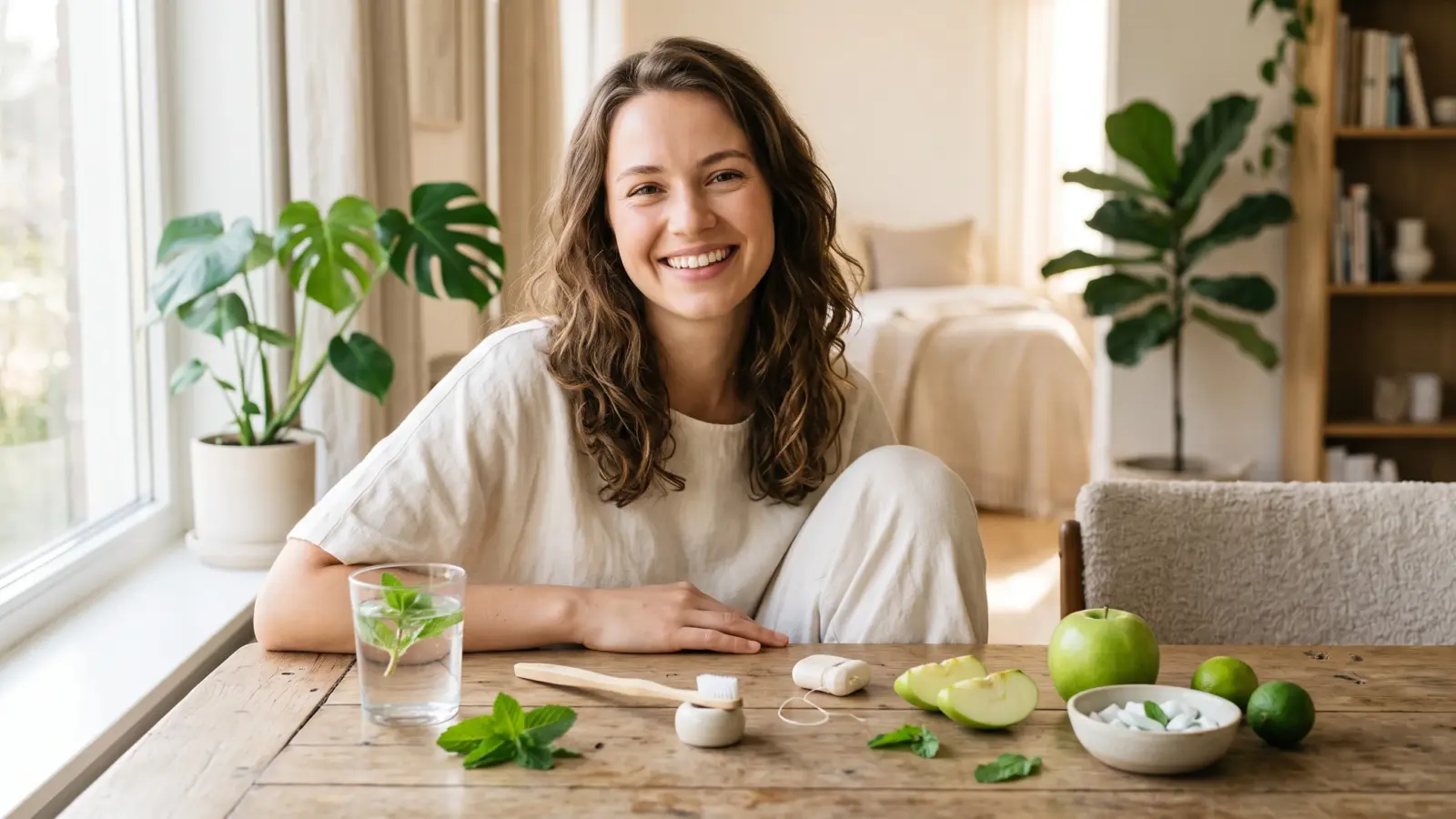Woman smiling with toothbrush, water, mint, and apple on a table in front of her.