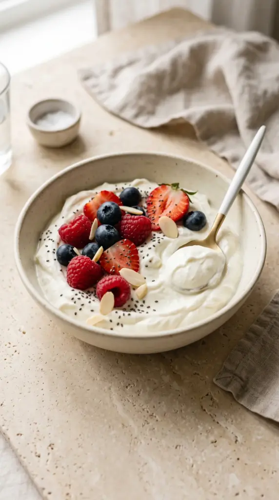Bowl of plain yogurt topped with berries, chia seeds, and sliced almonds