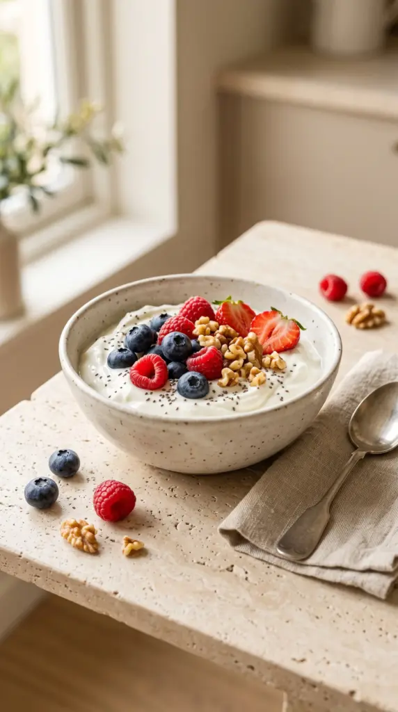 Greek yogurt topped with fresh berries, walnuts, and chia seeds on a light breakfast table.